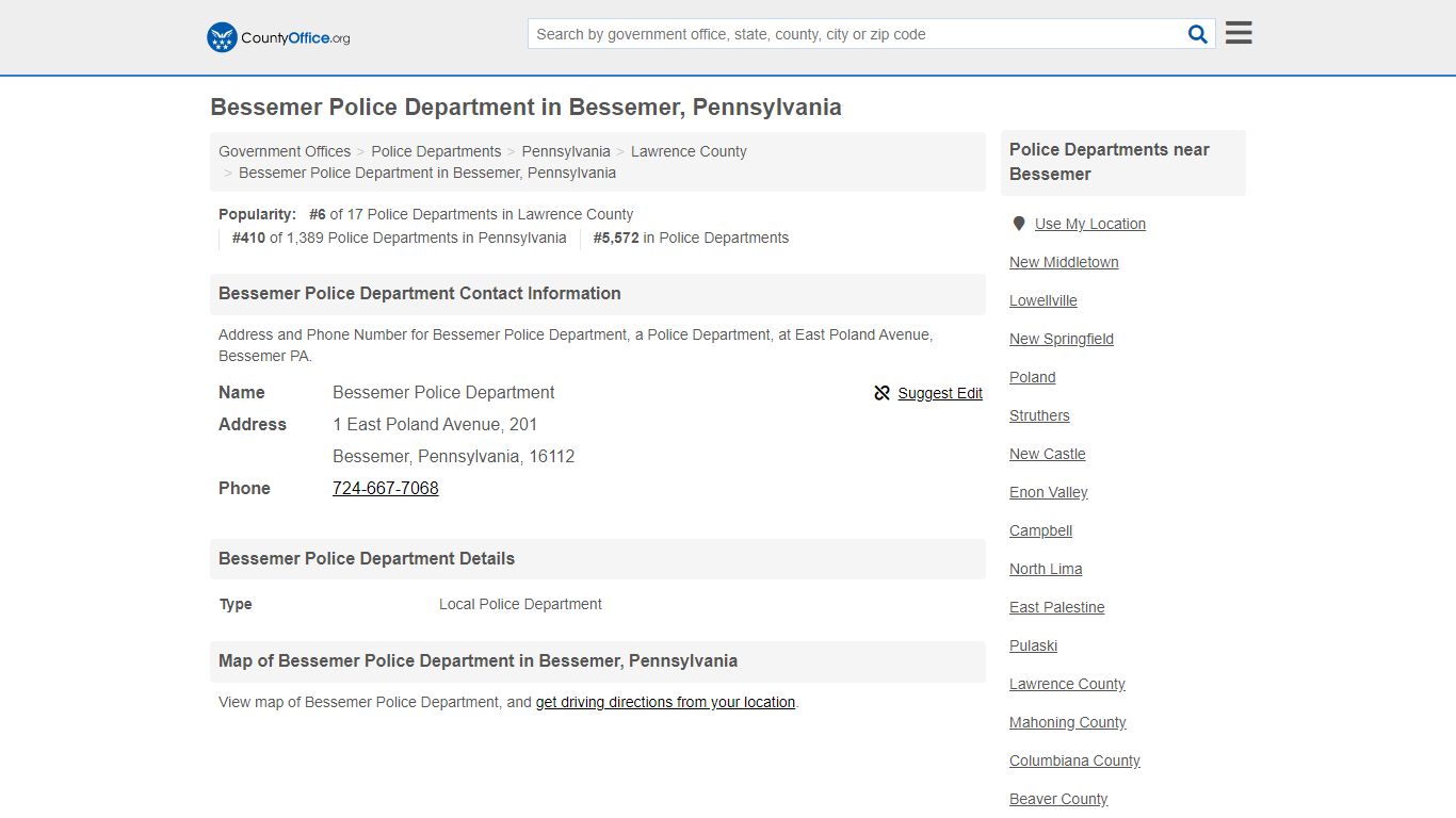 Bessemer Police Department - Bessemer, PA (Address and Phone)